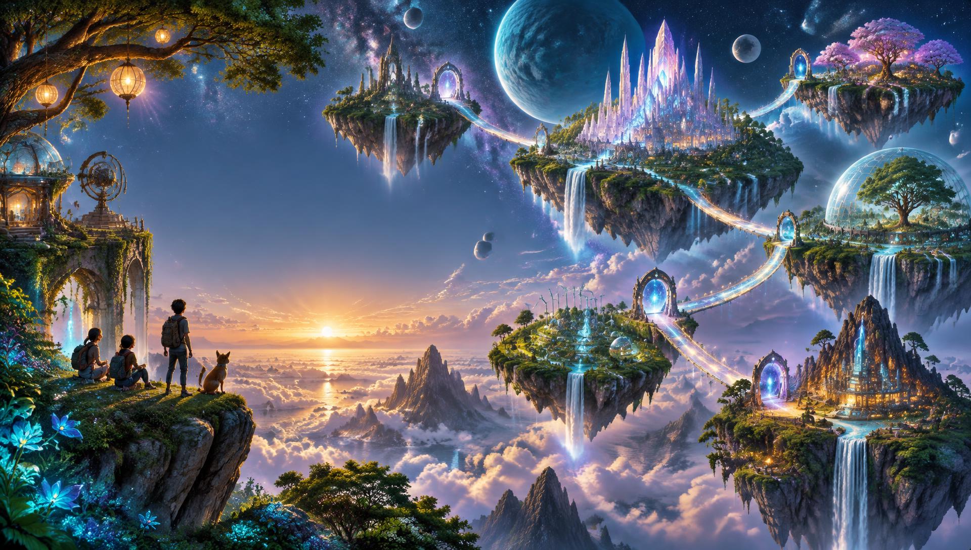 Seven floating realms connected by glowing pathways above the clouds